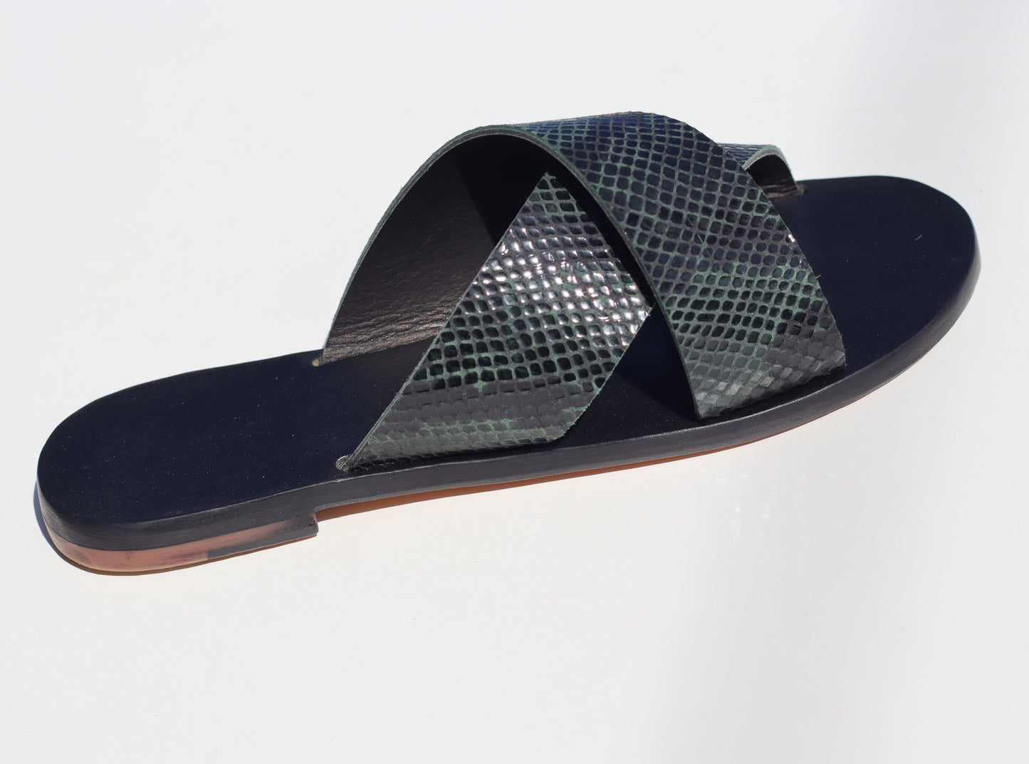 green flat leather sandals
