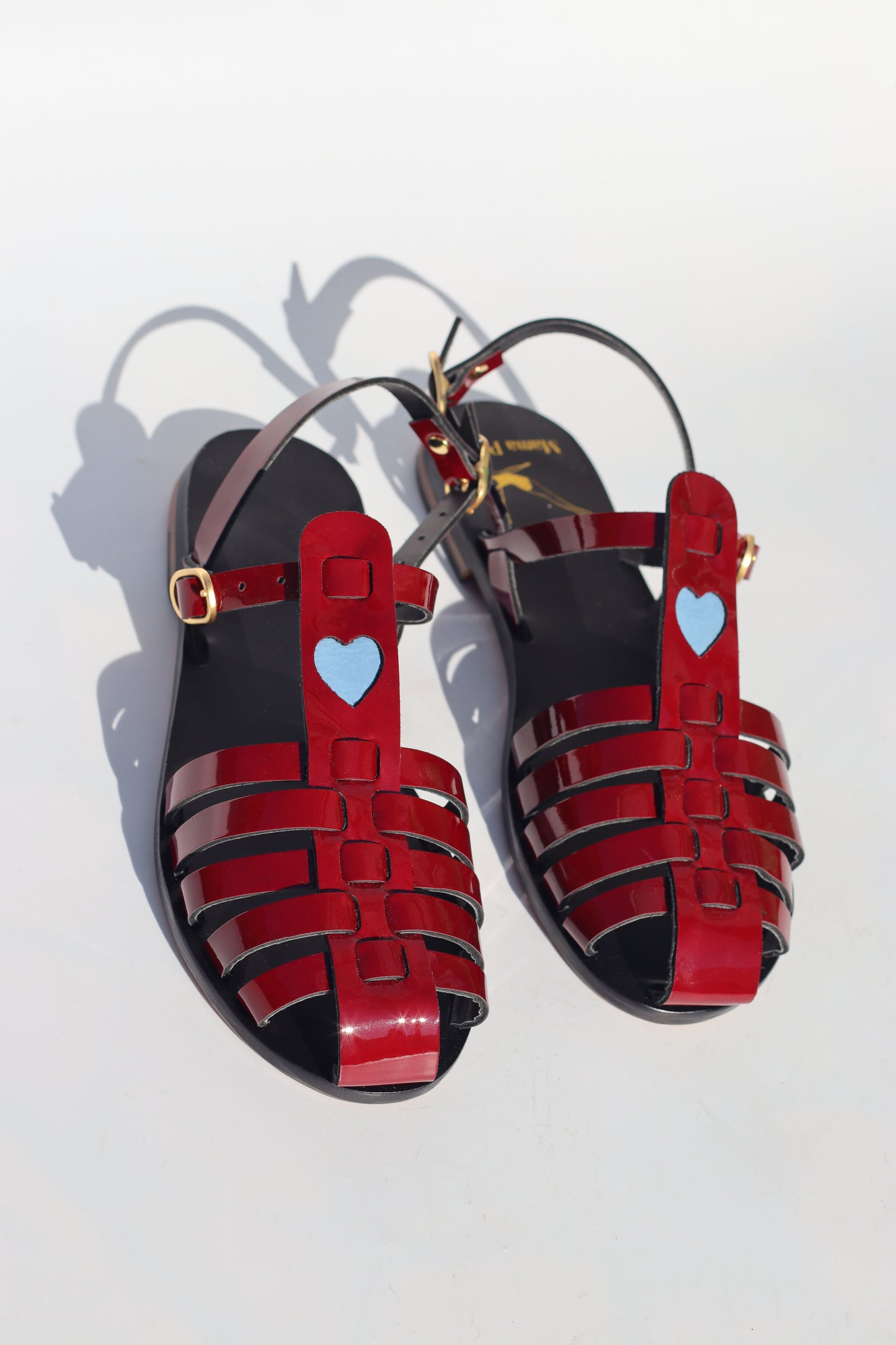 Glossy Burgundy + Glossy Blue Heart - Black Sole - Fisherman Sandals