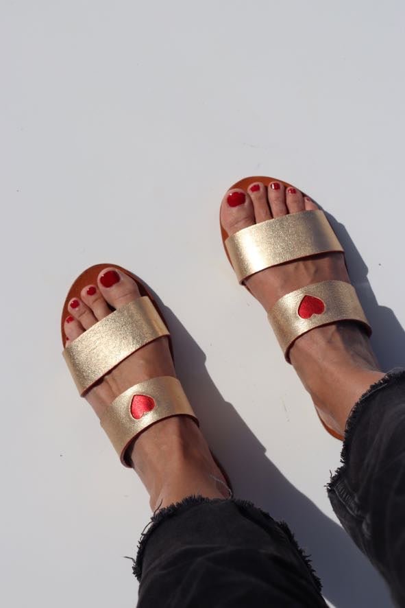 Golden Eye Red Heart Two-Strap Sandals - Stylish Golden Sandals by Mama Praia