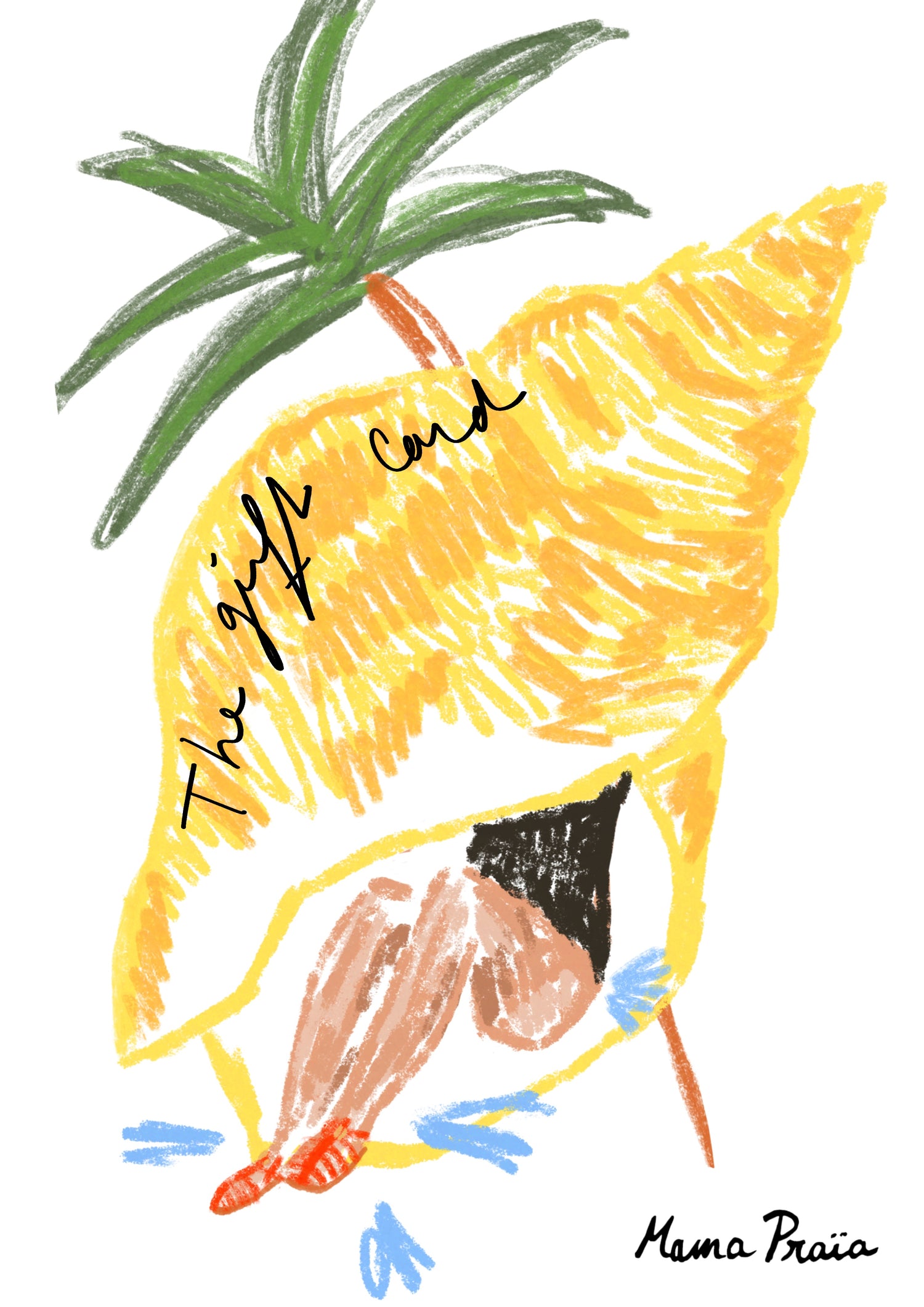 Colorful illustration of a seashell with a person inside, labeled 'The gift card', on a white background.