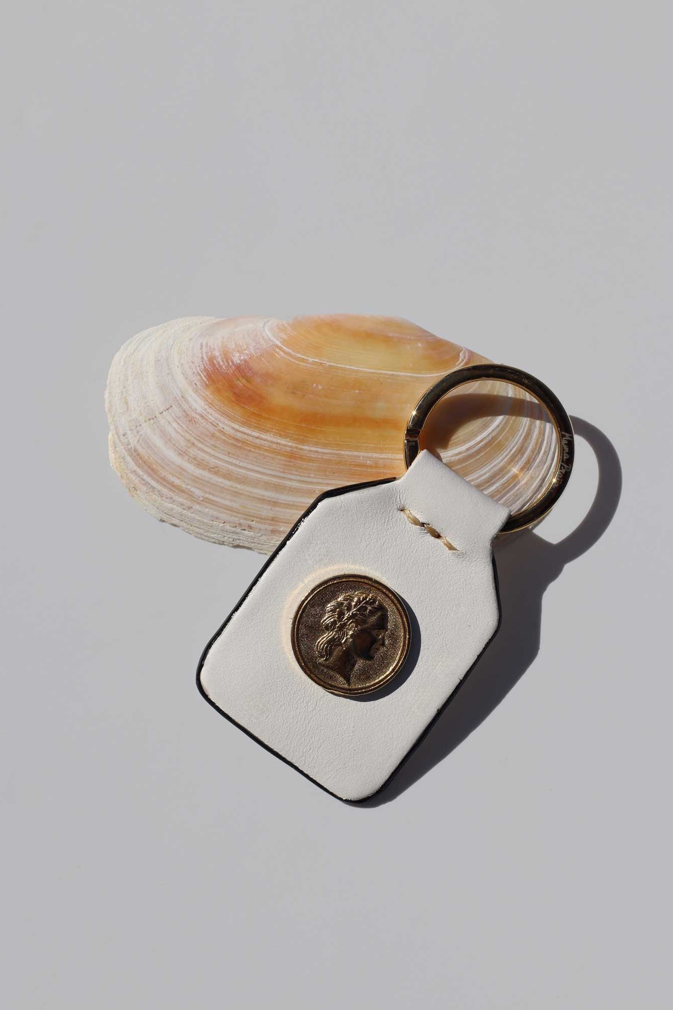Close-up of keyring on a shell with a magnifying glass on a light gray background