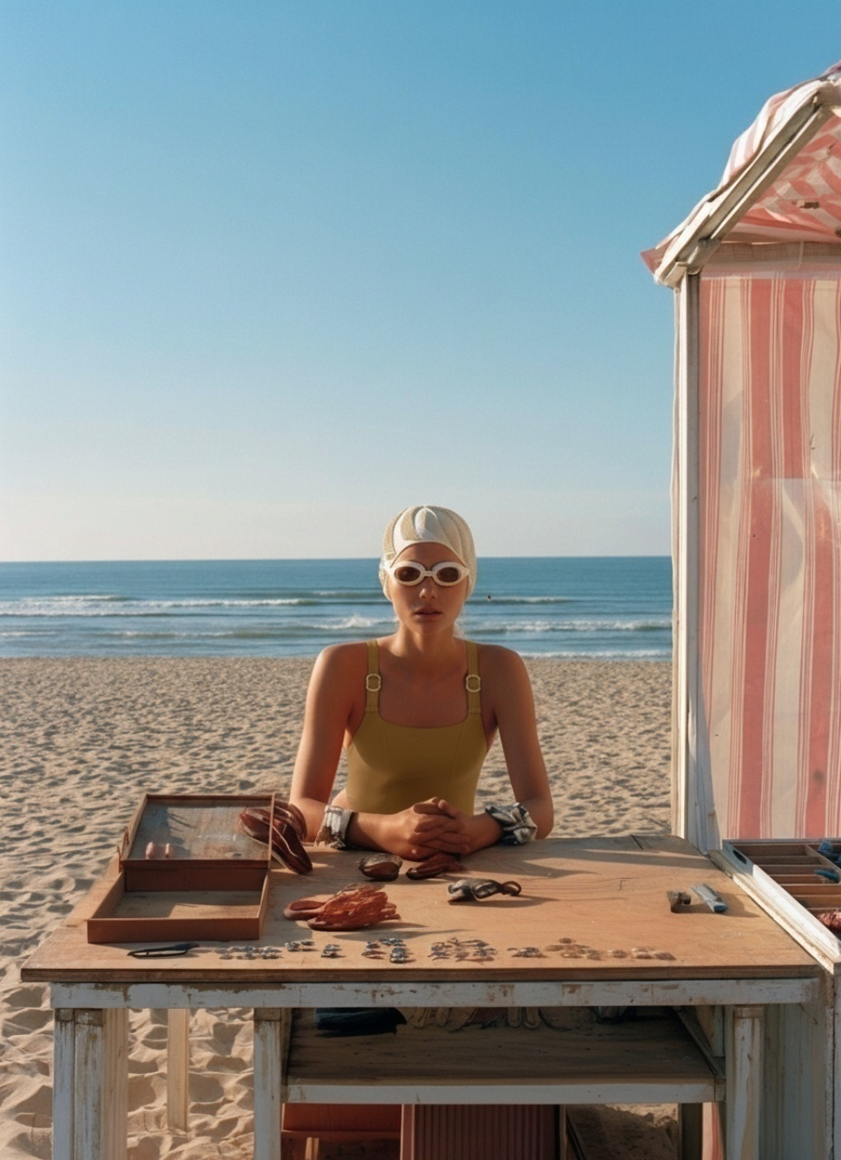 Woman sitting at a table on a beach with ocean view