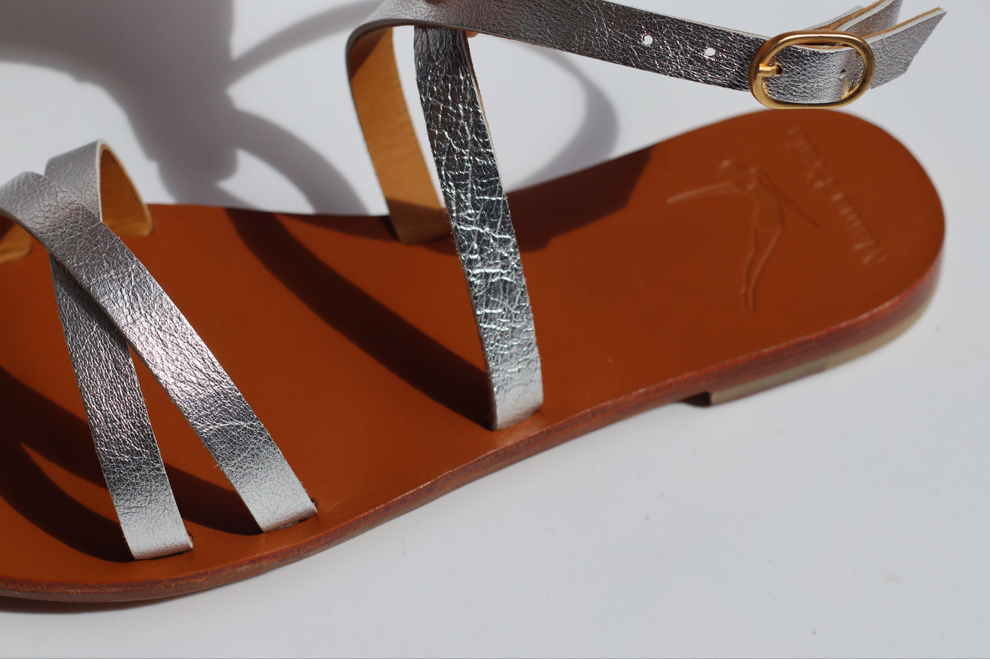 focus on the silver leather of the sandals