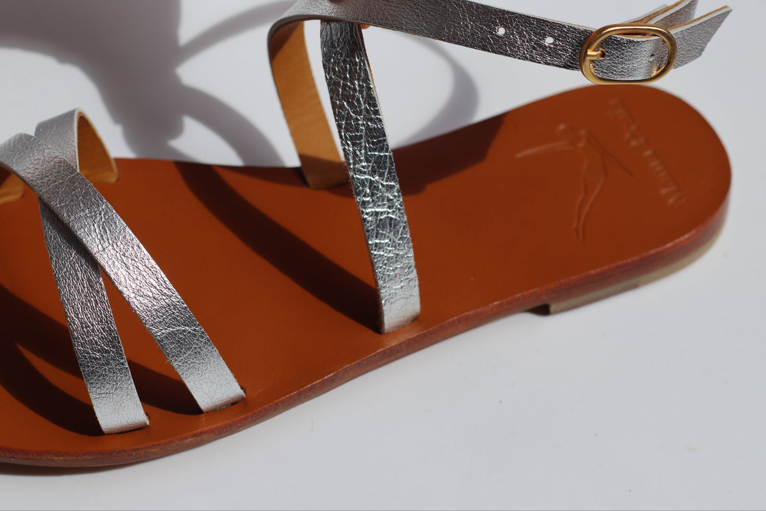 focus on the silver leather of the sandals