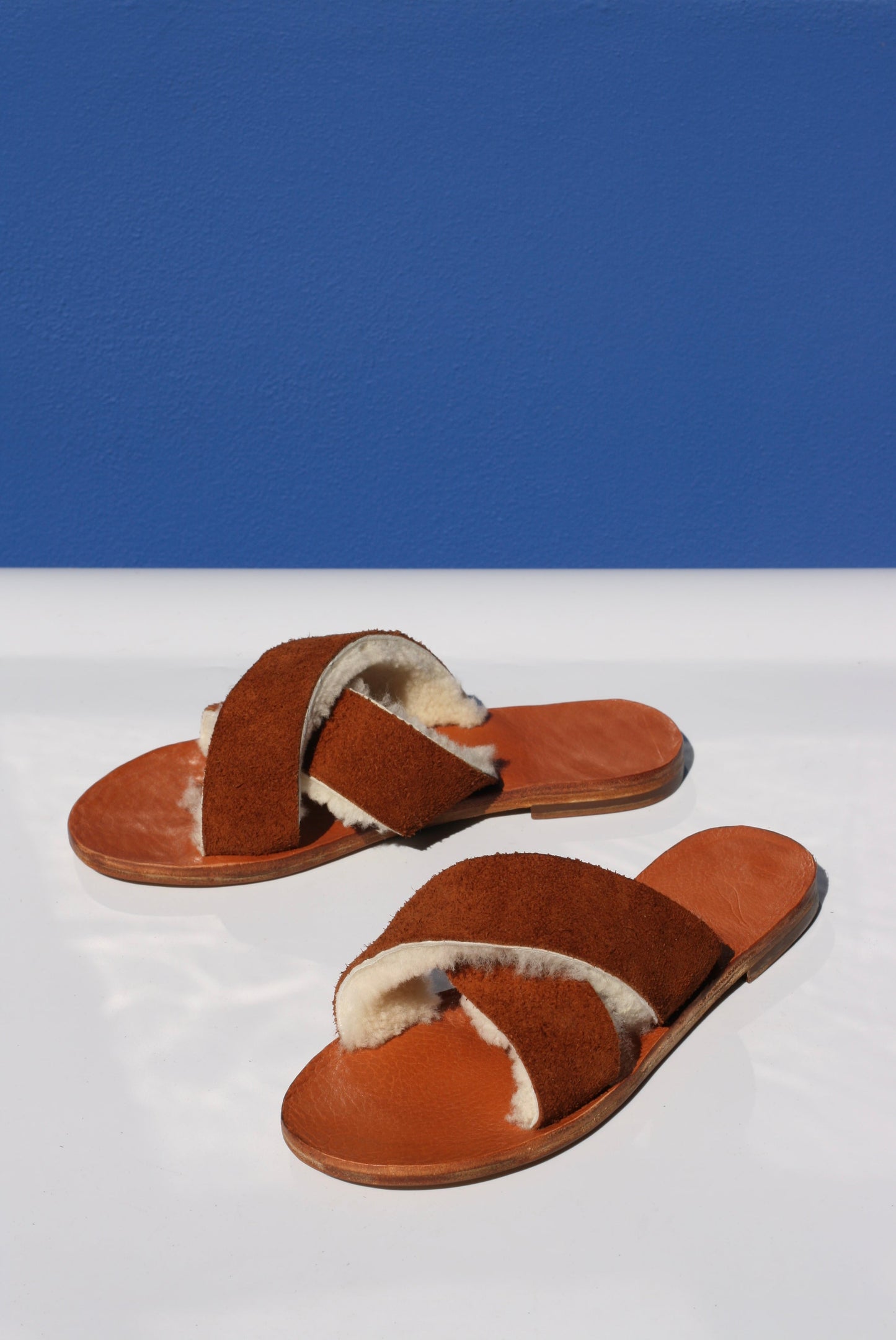 Brown Suede + White Sheep - Camel Sole - Cross Sandals