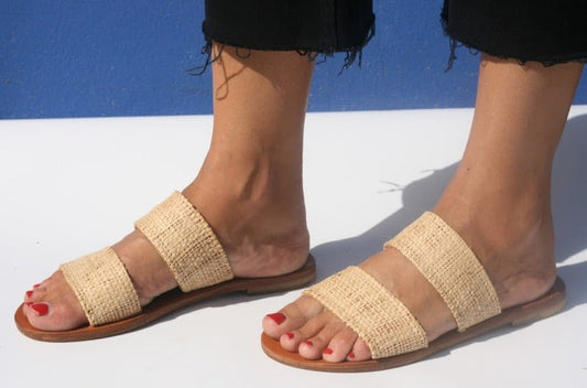 raffia leather mule sandals