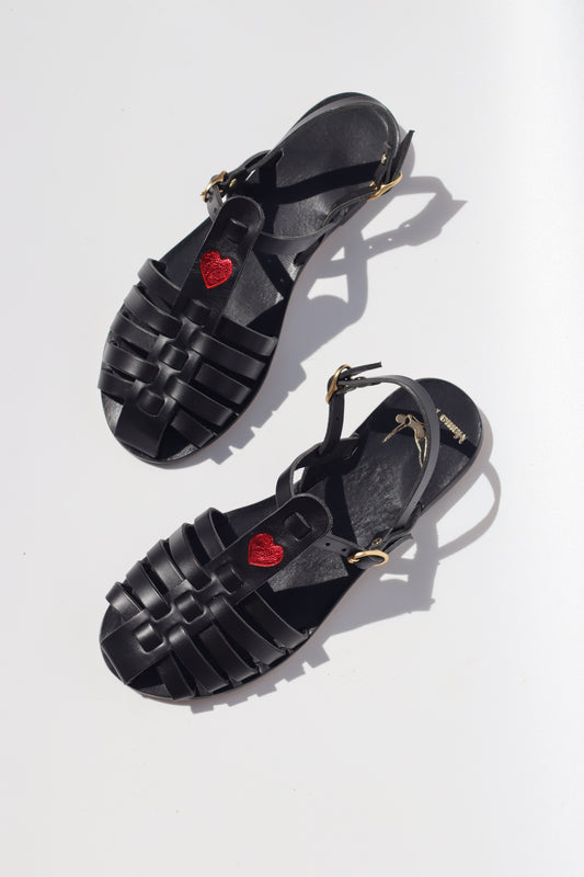 Black + Red Heart - Fisherman Sandals