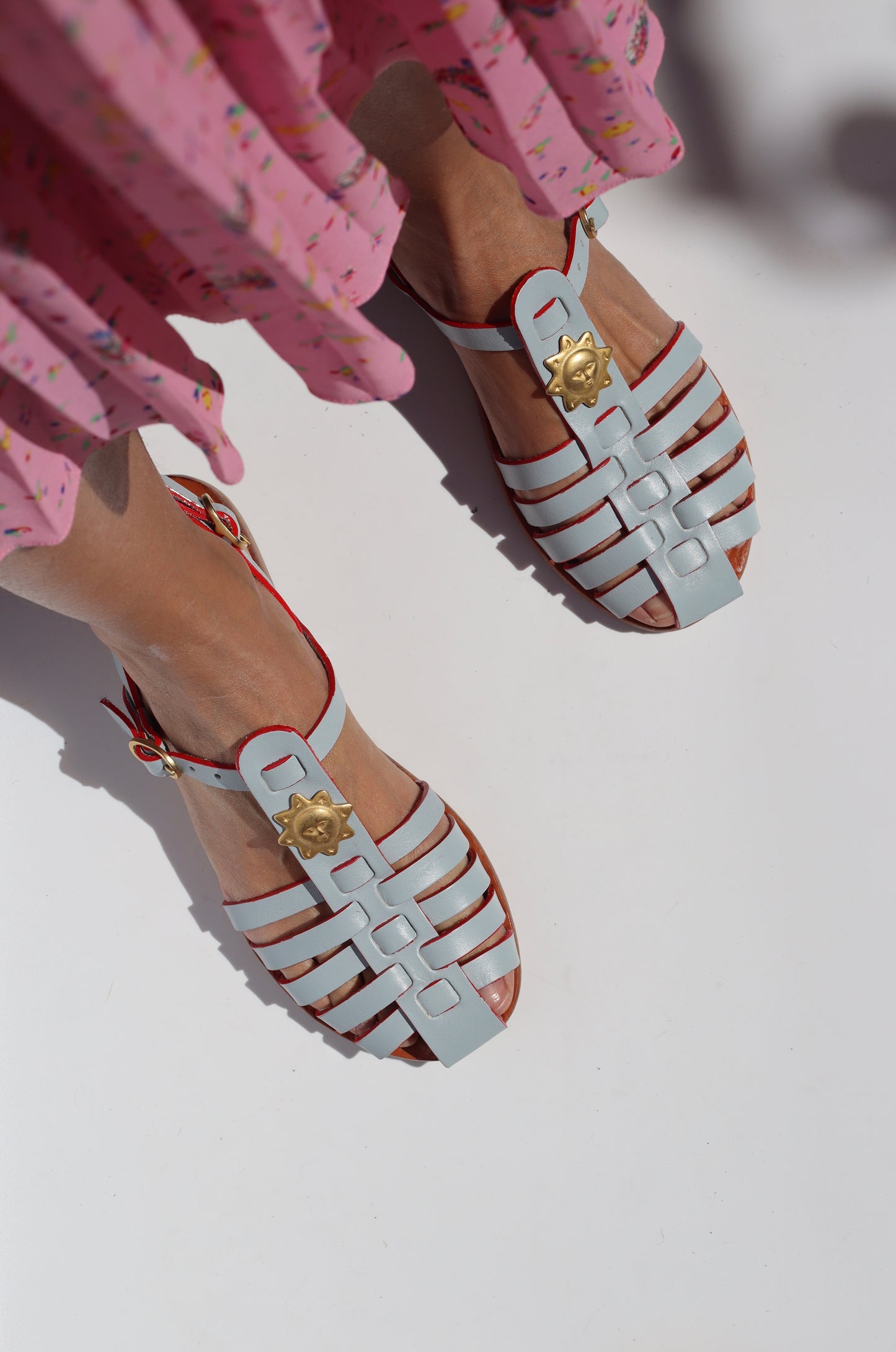 Sky blue caged toe flat sandals for women, handmade leather sandals Portugal