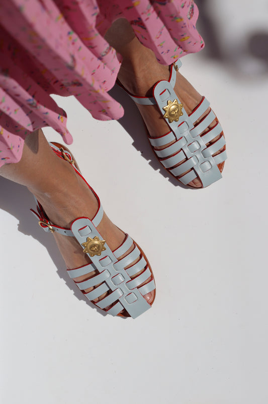 Sky blue caged toe flat sandals for women, handmade leather sandals Portugal