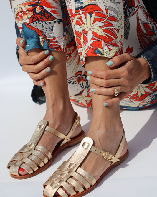 Gold leather fisherman sandals for women, flat caged toe handmade sandals Portugal