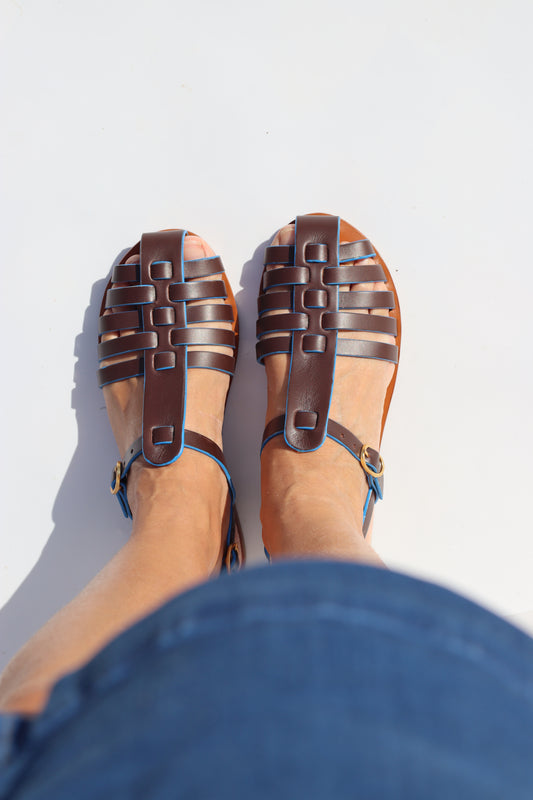 Dark Brown + Blue Touch - Camel Sole - Fisherman Sandals