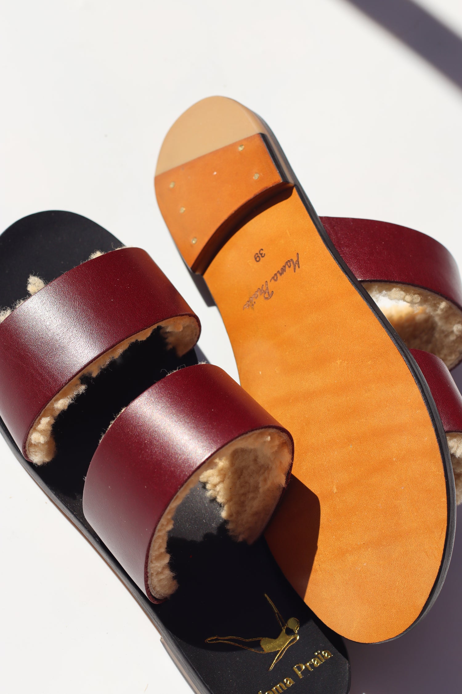 Dark Burgundy + Beige Sheep - Black Sole - Two-Strap Sandals