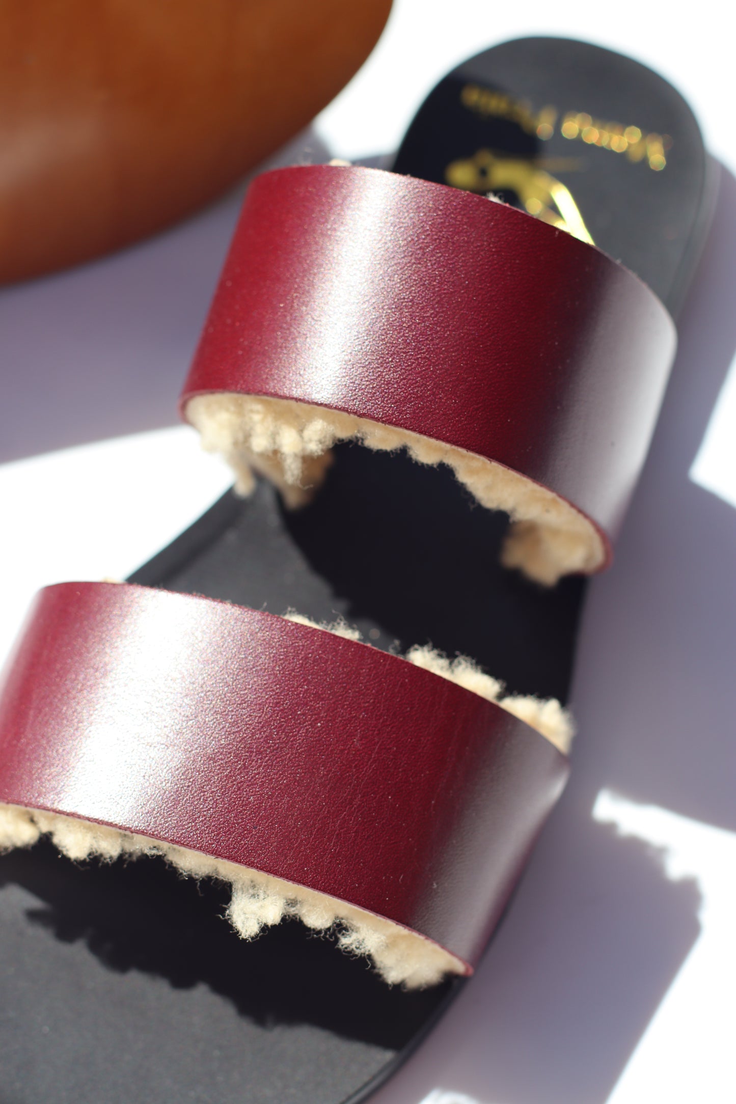 Dark Burgundy + Beige Sheep - Black Sole - Two-Strap Sandals