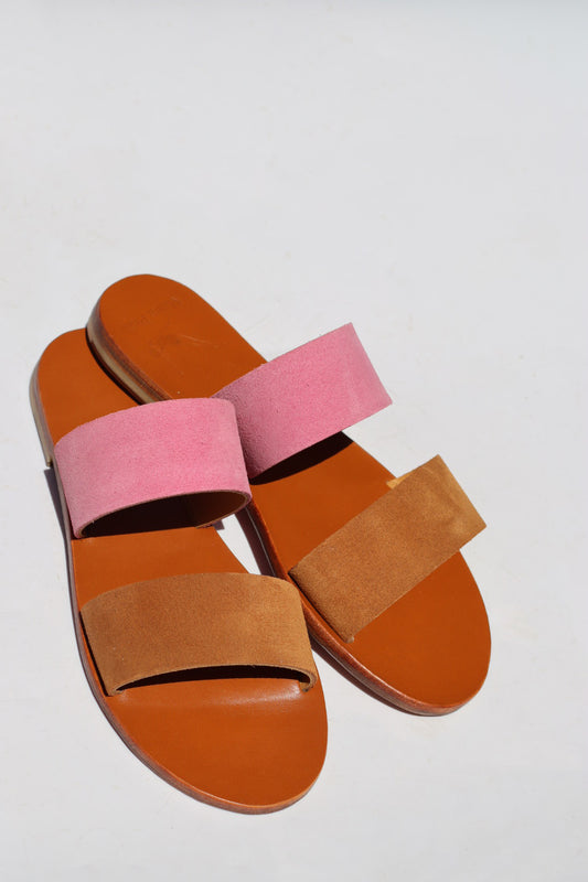 Pink Suede & Brown Suede - Camel Lining - Camel Sole - Two-Strap Sandals