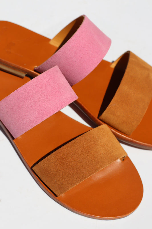 Pink Suede & Brown Suede - Camel Lining - Camel Sole - Two-Strap Sandals