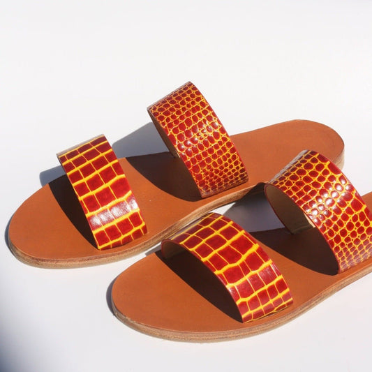 sandales plates jaunes et rouges originales