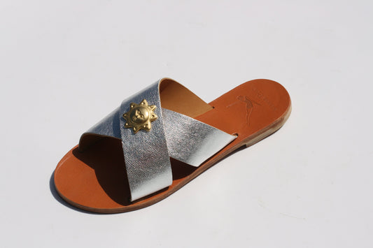 Silver Sun - Camel Sole - Cross Sandals