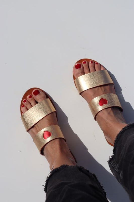 Golden Eye Red Heart Two-Strap Sandals - Stylish Golden Sandals by Mama Praia