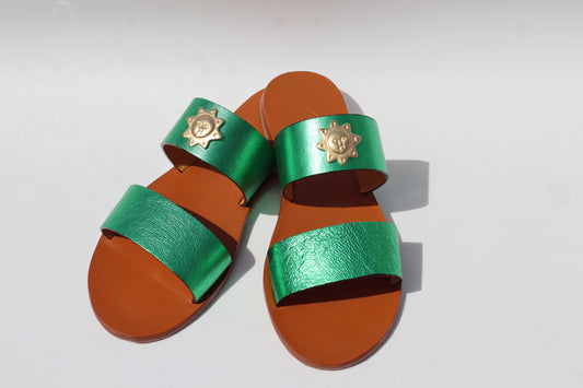 Funky Green + Black Touch + Sun - Camel Sole - Two-Strap Sandals