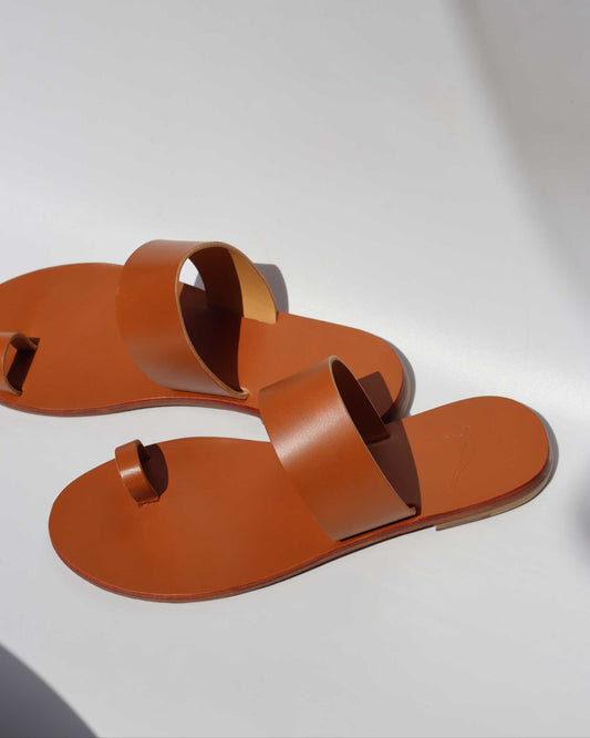 Pair of brown sandals on a light gray background