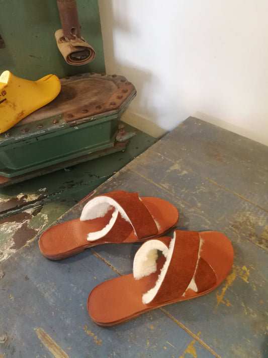 Brown Suede + White Sheep - Camel Sole - Cross Sandals