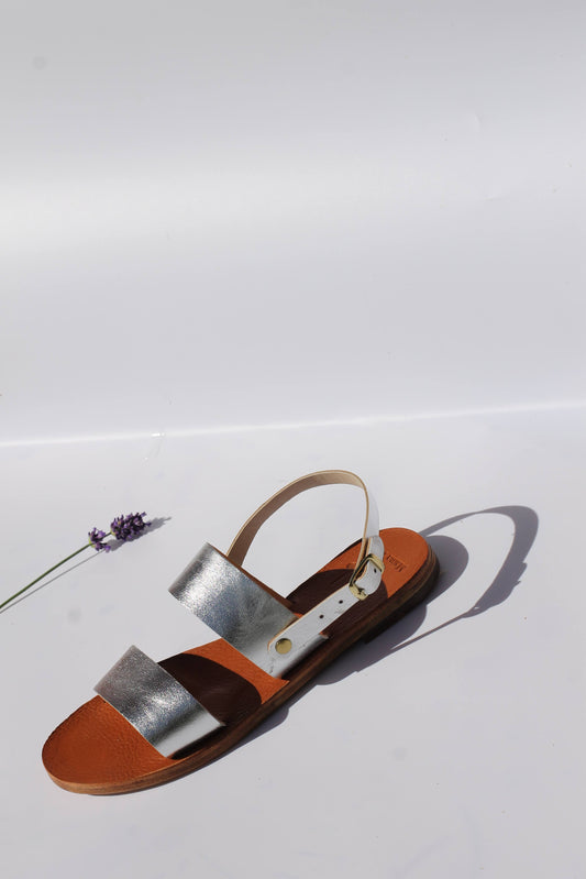 Silver - Camel Sole - Slingback Two-Strap Sandals