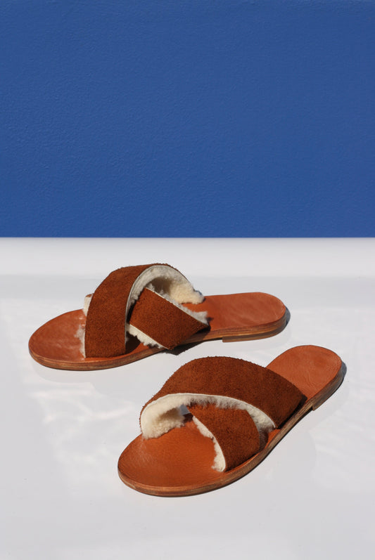 Brown Suede + White Sheep - Camel Sole - Cross Sandals